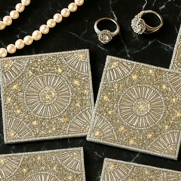 NWOT Set of 8 Silver Bedazzled Coasters in Matching Tray - Picture 3 of 15